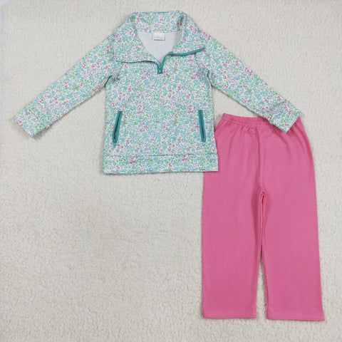 GLP2414 Flower Floral Pink Pullover Girls Set