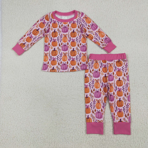 GLP2415 Fall Pumpkin Bows Purple Girls Pajamas Set