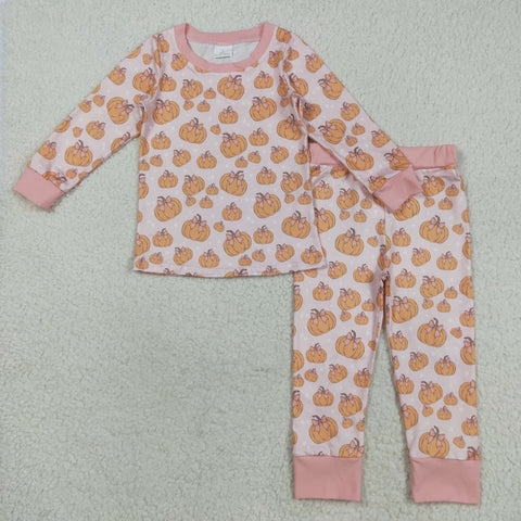 GLP2416 Fall Pumpkin Bows Pink Girls Pajamas Set