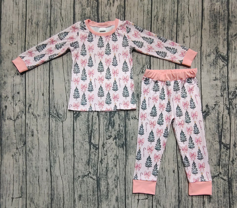 Preorder Samples GLP2423 Christmas Trees Bows Pink Girls Pajamas Set