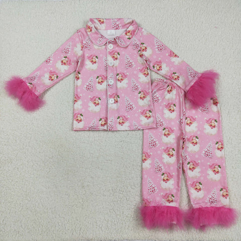 GLP2424 Christmas Santa Pink Feather Girls Pajamas Set