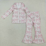 GLP2429 Flower Bows Pink Coat Sports Yoga Girls Flared Set