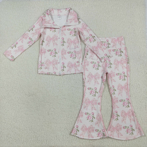 GLP2429 Flower Bows Pink Coat Sports Yoga Girls Flared Set