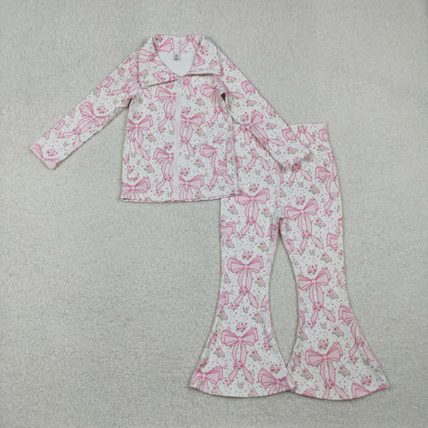 GLP2440 Flower Bows Pink Coat Sports Yoga Girls Flared Set