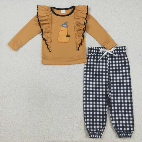 GLP2445 Embroidery Halloween Pumpkin Plaid Girls Set