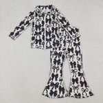 GLP2457 Coquette Bows Black Yoga Girls Flared Set