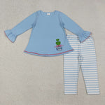 GLP2465 Embroidery Blue Stripe Love Bows Girls Set