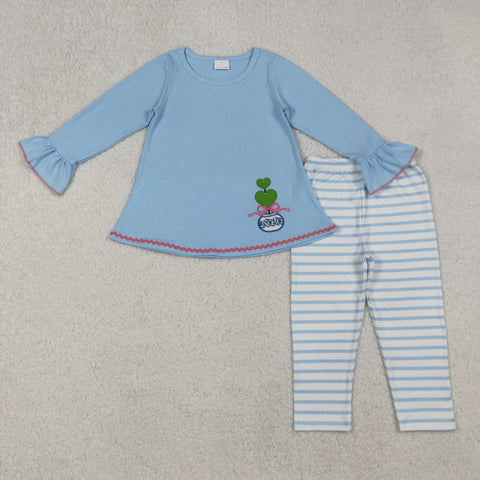 GLP2465 Embroidery Blue Stripe Love Bows Girls Set