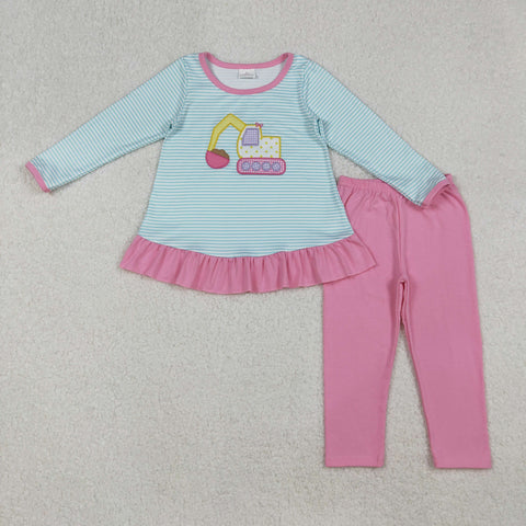 GLP2466 Embroidery Excavator Bows Pink Blue Stripe Girls Set