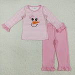 GLP2520 Embroidery Winter Snowman Pink Stripe Girls Pajamas Set