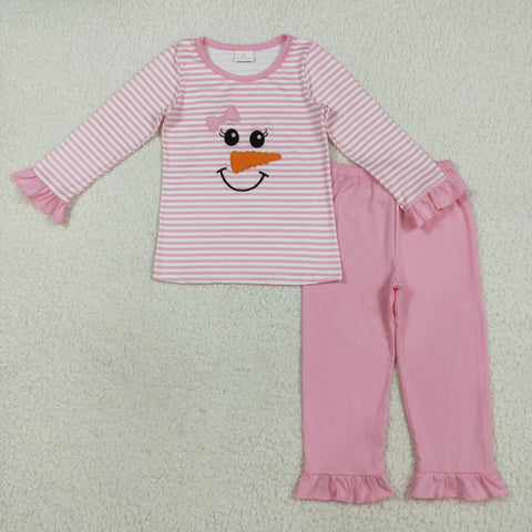 GLP2520 Embroidery Winter Snowman Pink Stripe Girls Pajamas Set