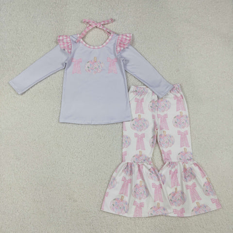 GLP2532 Pumpkin Bows Flower Pink Girls Set (12-18M to 7-8T)