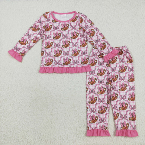 GLP2535 Football Bows Plaid Pink Girls Pajamas Set