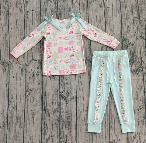 Preorder Samples GLP2551 Flower Bows Sky Blue Ruffles Girls Set