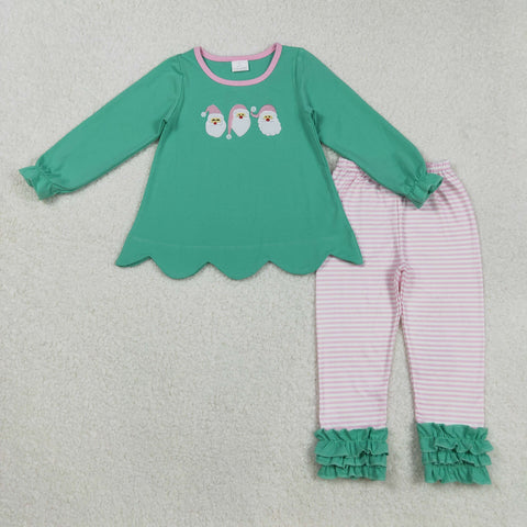 GLP2575 Embroidery Christmas Santa Green Stripe Girls Set