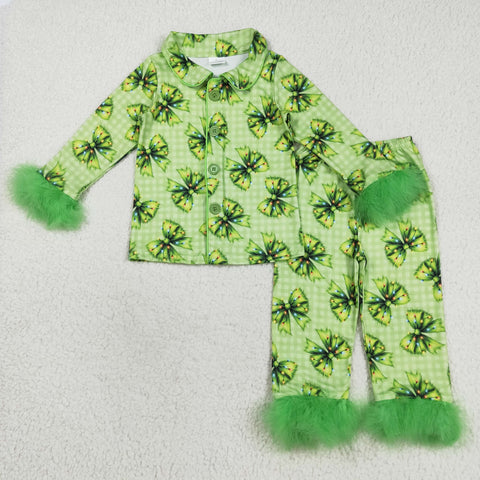 GLP2581 Christmas Bows Green Feather Girls Pajamas Set