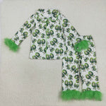 GLP2582 Christmas Bows Green White Feather Girls Pajamas Set