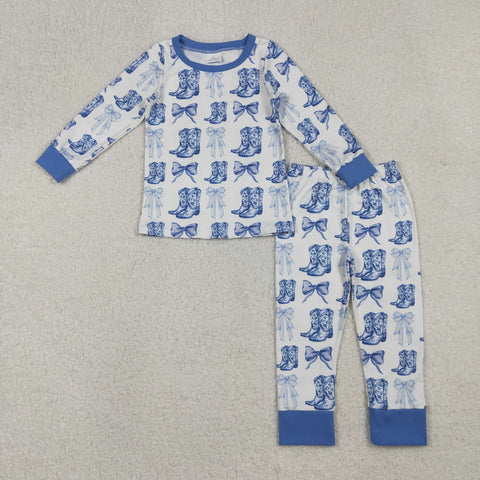 GLP2583 Western Boots Bows Blue Girls Pajamas Set