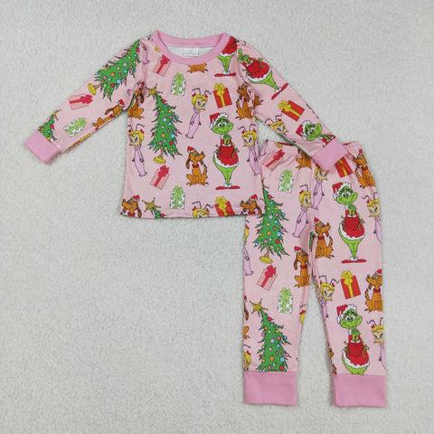 GLP2591 Christmas Green Animal Trees Pink Girls Pajamas Set