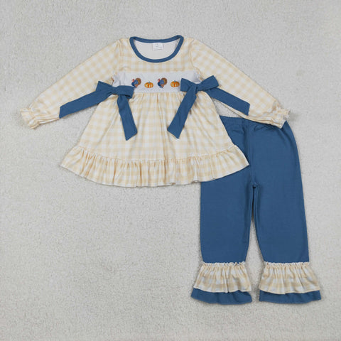 GLP2594 Embroidery Thanksgiving Turkey Pumpkin Orange Girls Set