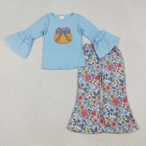 GLP2596 Embroidery Flower Pumpkin Blue Girls Set