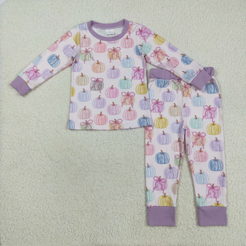 GLP2597 Colorful Pumpkin Bows Purple Girls Pajamas Set