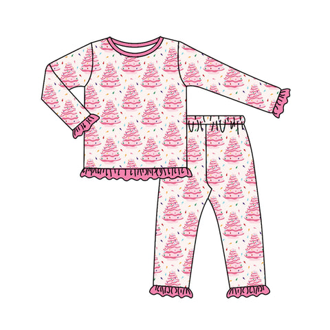 Preorder MOQ 5 pcs GLP2623 Christmas Trees Pie Pink Girls Pajamas Set