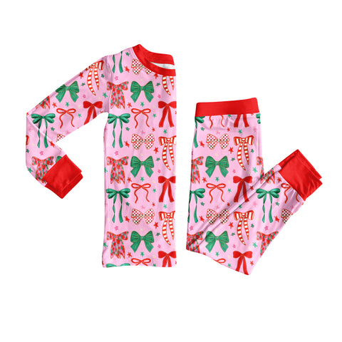 Preorder MOQ 5 pcs GLP2624 Christmas Bows Red Girls Pajamas Set