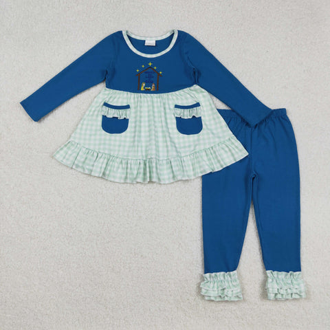 GLP2625 Embroidery Nativity Jesus God Blue Girls Set