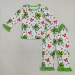 GLP2628 Christmas Bows Love Green Girls Pajamas Set