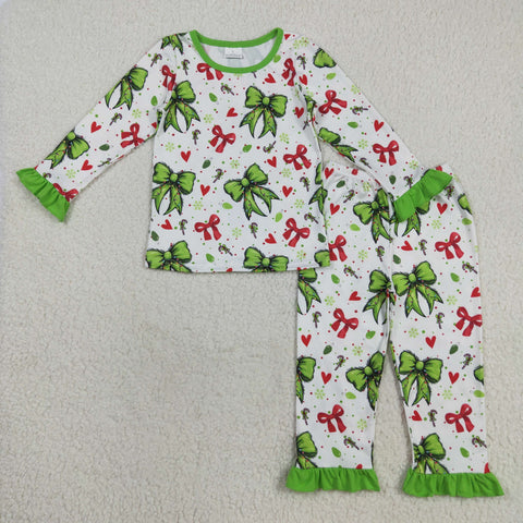 GLP2628 Christmas Bows Love Green Girls Pajamas Set