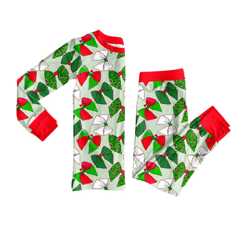 Preorder MOQ 5 pcs GLP2631 Christmas Bows Red Green Girls Pajamas Set