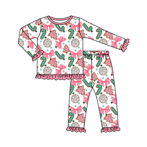 Preorder MOQ 5 pcs GLP2632 Christmas Trees Candy Canes Bows Pink Girls Pajamas Set