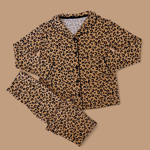 Preorder MOQ 5 pcs GLP2637 Leopard Brown Buttons Girls Pajamas Set