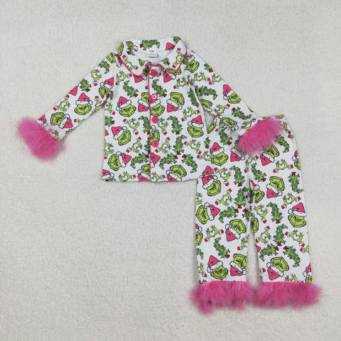 GLP2647 Christmas Cartoon Pink Feather Buttons Girls Pajamas Set
