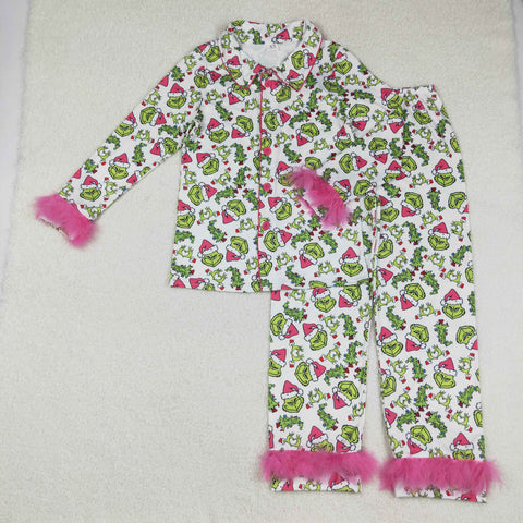 GLP2648 Christmas Cartoon Pink Feather Buttons Adult Women Pajamas Set