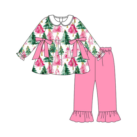 Preorder MOQ 5 pcs GLP2663 Christmas Trees Green Pink Girls Set
