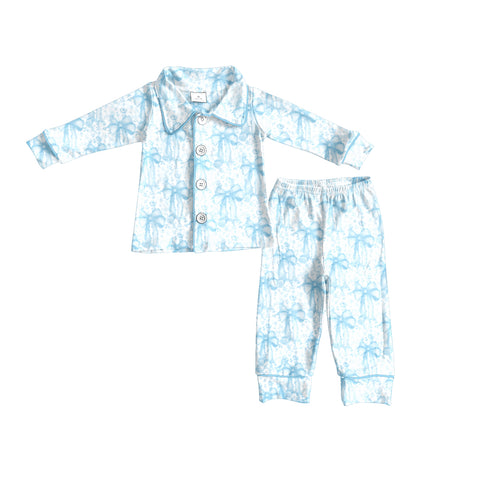 Preorder MOQ 5 pcs GLP2667 Coqueete Bows Blue Buttons Girls Pajamas Set