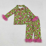 GLP2669 Christmas Green Animal Leopard Feather Buttons Girls Pajamas Set