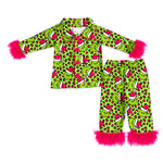 Preorder 09.04 GLP2670 Christmas Green Animal Leopard Feather Buttons Adult Women Pajamas Set