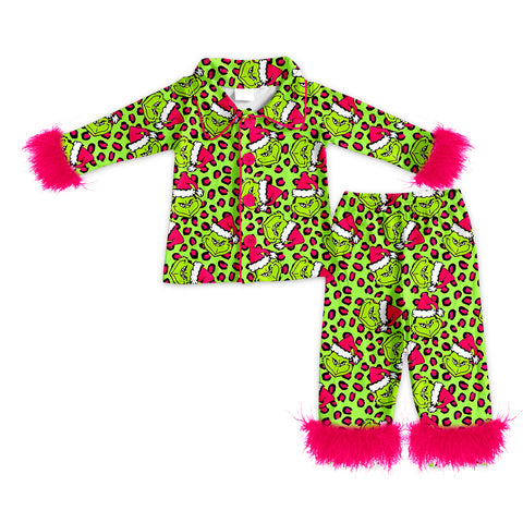 Preorder 09.04 GLP2670 Christmas Green Animal Leopard Feather Buttons Adult Women Pajamas Set