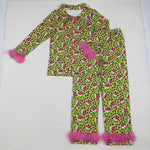 GLP2670 Christmas Green Animal Leopard Feather Buttons Adult Women Pajamas Set