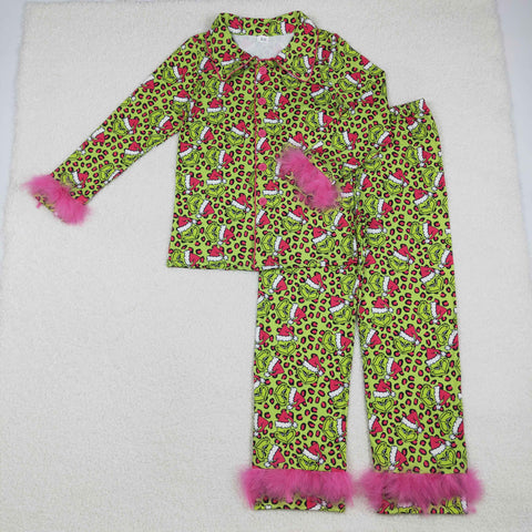 GLP2670 Christmas Green Animal Leopard Feather Buttons Adult Women Pajamas Set