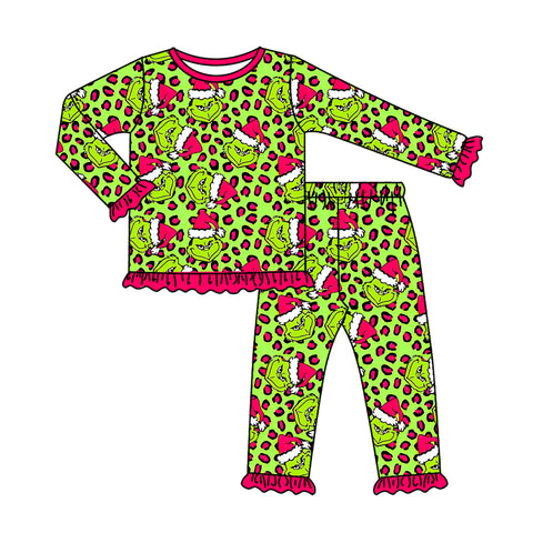 Preorder MOQ 5 pcs GLP2671 Christmas Green Animal Leopard Girls Pajamas Set