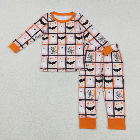 GLP2682 Halloween Ghost Bats Orange Girls Pajamas Set