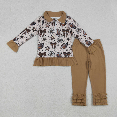 GLP2690 Football Flower Bows Plaid Pullover Girls Set