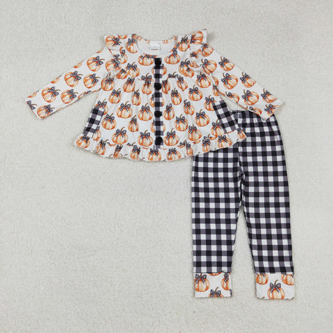 GLP2692 Halloween Pumpkin Bows Black Plaid Girls Set