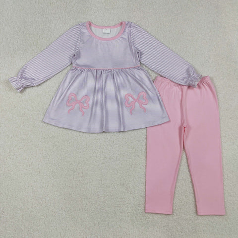 GLP2696 Embroidery  Bows Purple Pink Stripe Girls Set