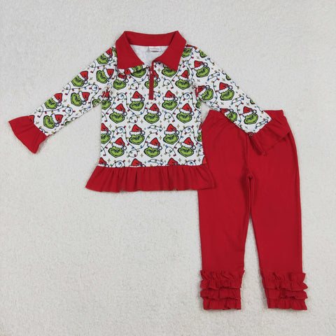 GLP2714 Christmas Green Animal Red Zipper Pullover Girls Set (12-18M to 7-8T)