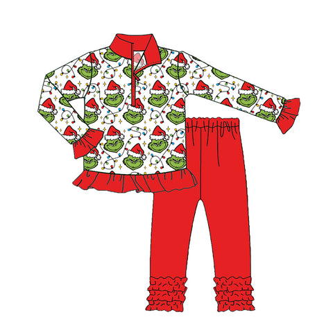 Preorder 09.15 GLP2714 Christmas Green Animal Red Zipper Pullover Girls Set